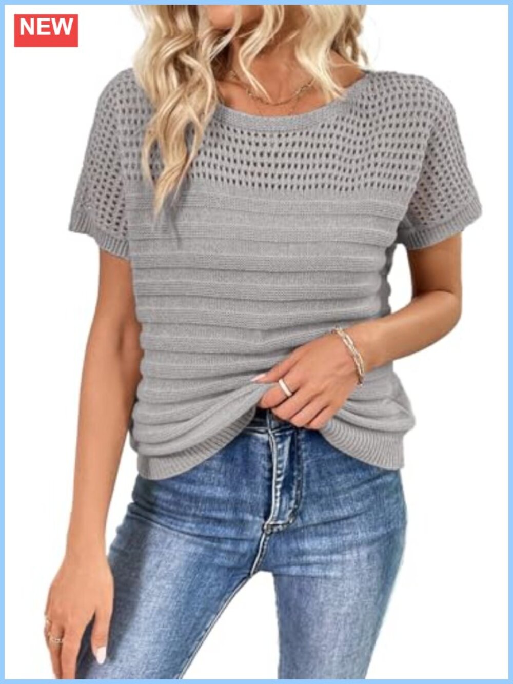 Women's Short Sleeve Crew Neck Knit Hollow Out Sweater Tops